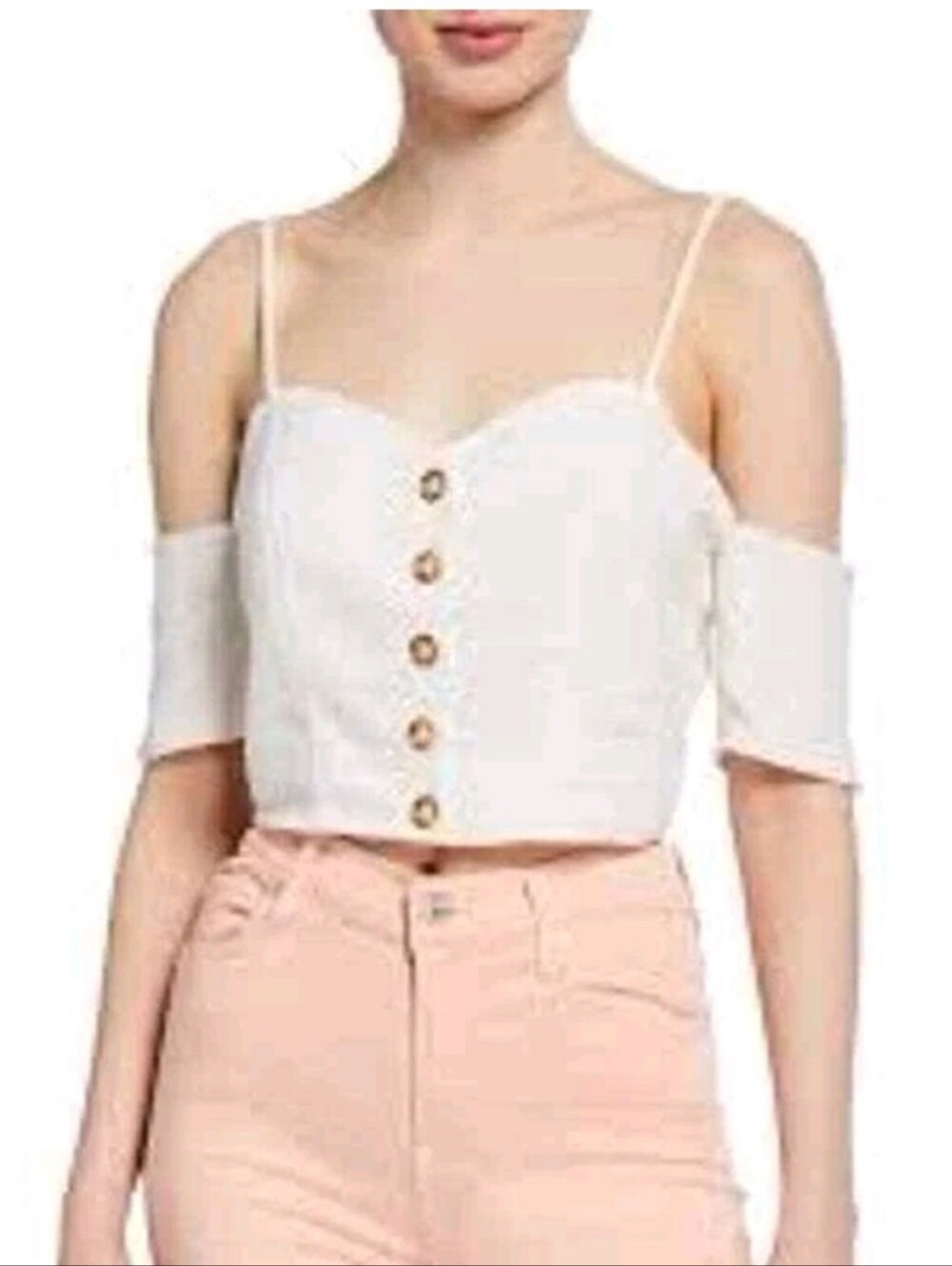 Nwt MOON RIVER LINEN TOP White Off-Shoulder Button Front Crop fairy Cottage Y2K